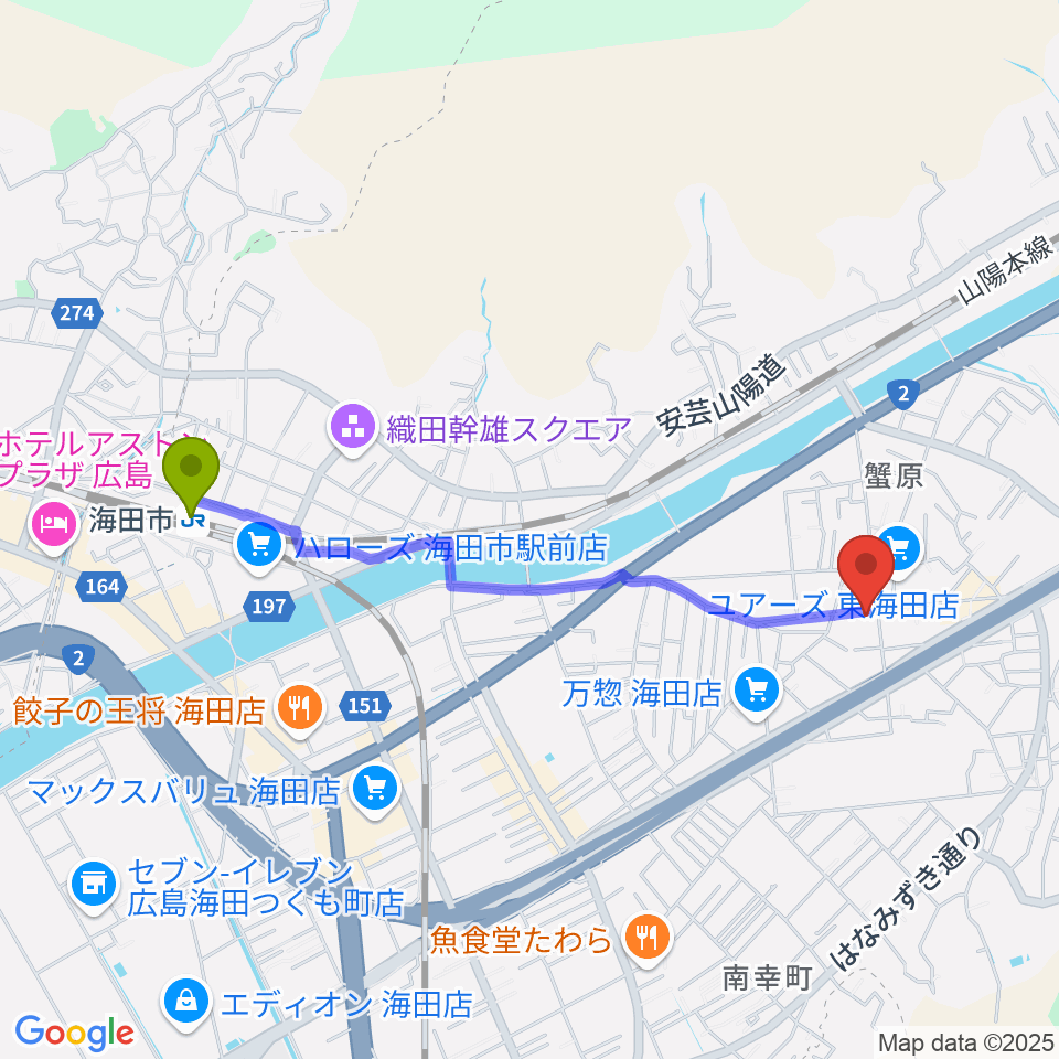 アトリエBの最寄駅海田市駅からの徒歩ルート（約20分）地図