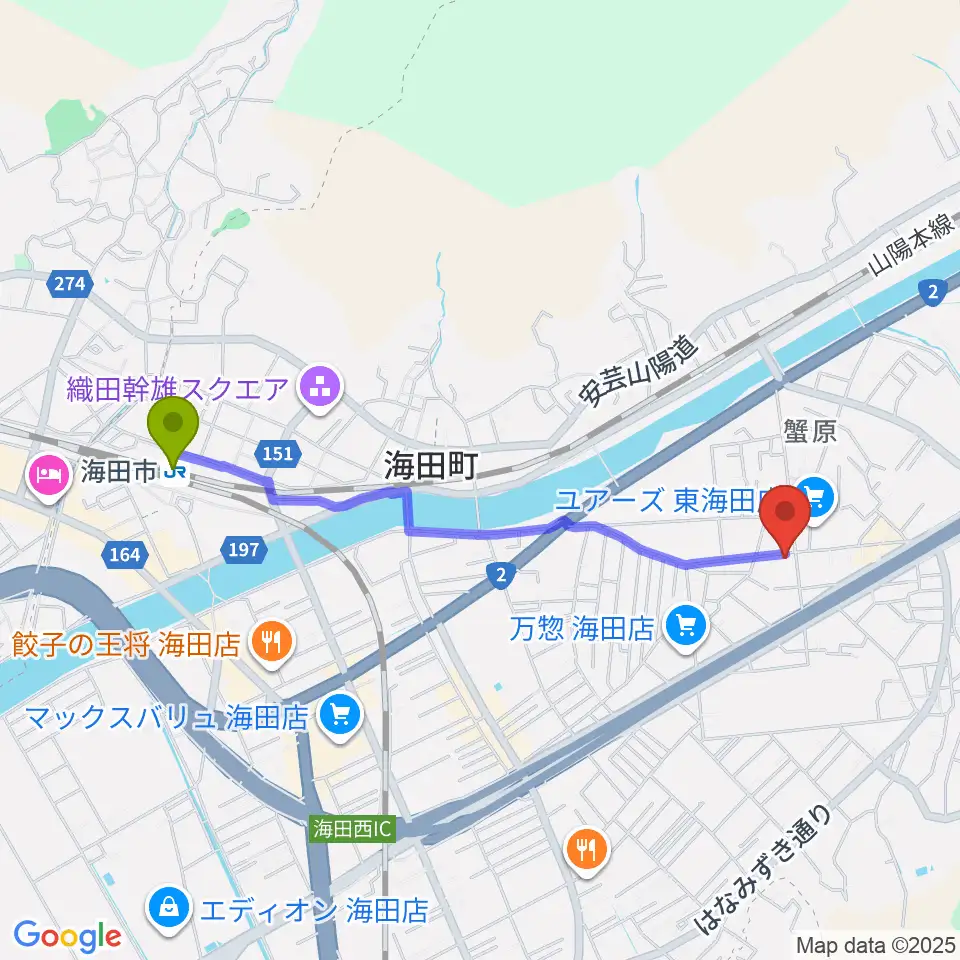 アトリエBの最寄駅海田市駅からの徒歩ルート（約20分）地図
