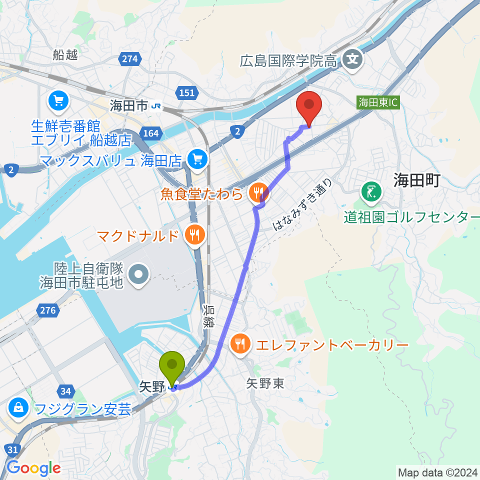 矢野駅からアトリエBへのルートマップ地図