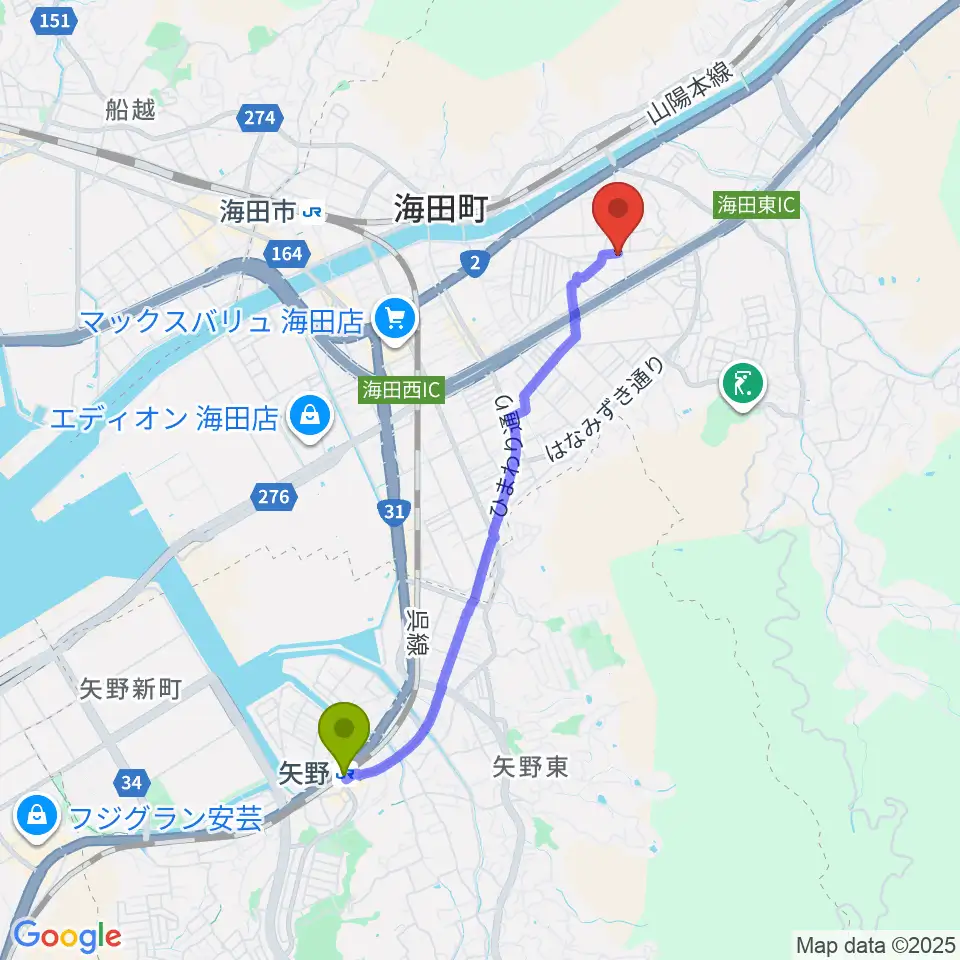 矢野駅からアトリエBへのルートマップ地図