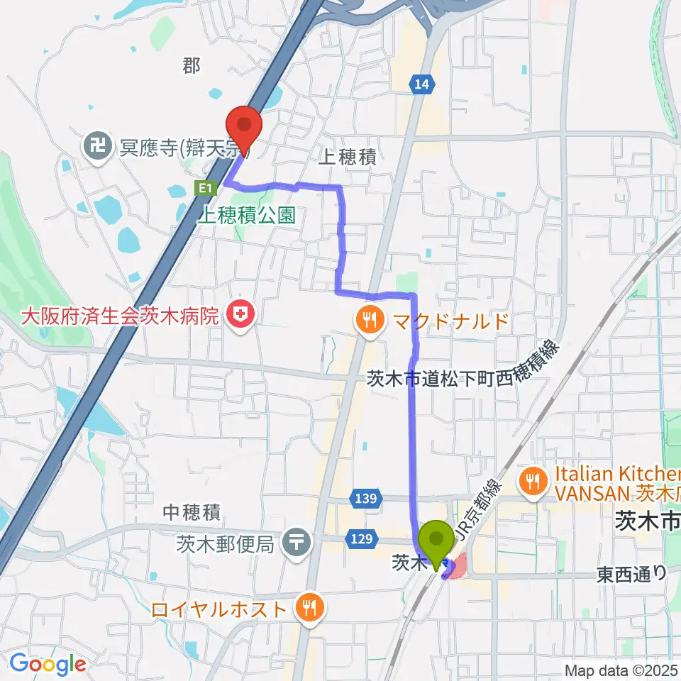 クレール音楽教室の最寄駅茨木駅からの徒歩ルート（約21分）地図