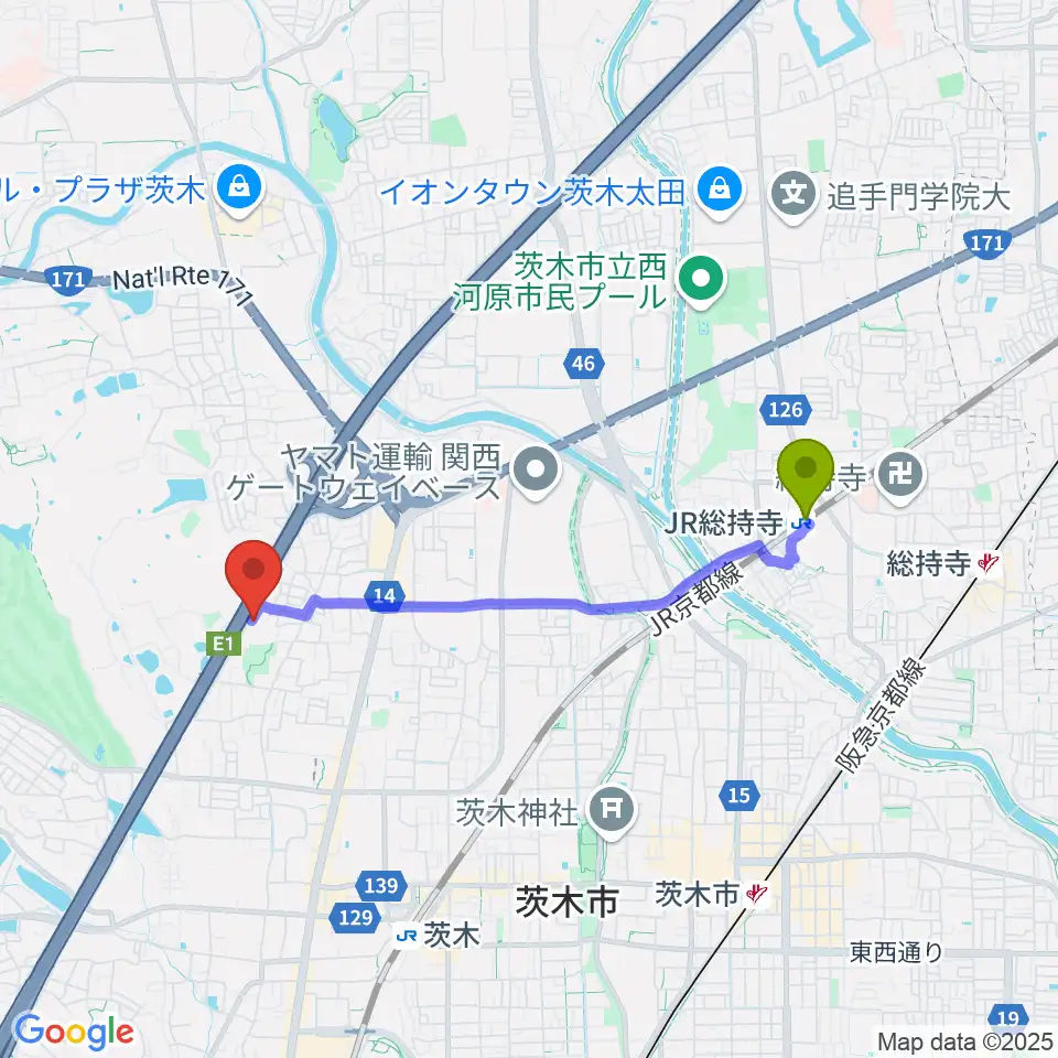 JR総持寺駅からクレール音楽教室へのルートマップ地図