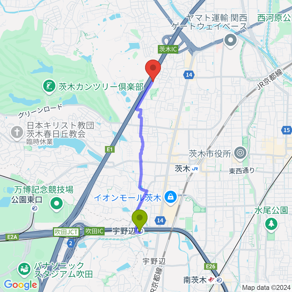 宇野辺駅からクレール音楽教室へのルートマップ地図