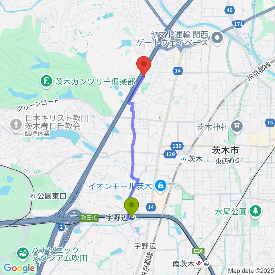 宇野辺駅からクレール音楽教室へのルートマップ地図