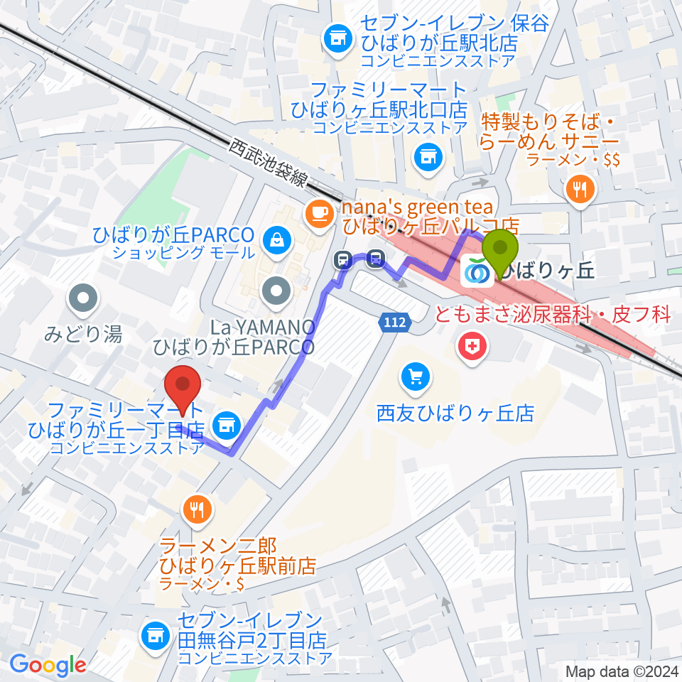 佐藤美保子ピアノ音楽教室の最寄駅ひばりヶ丘駅からの徒歩ルート（約4分）地図