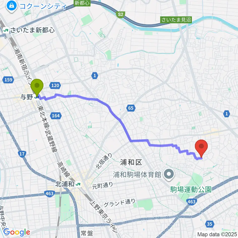 与野駅からジャズピアノ教室Side by Sideへのルートマップ地図