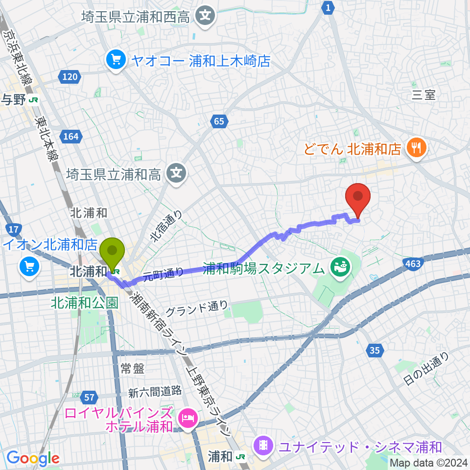 ジャズピアノ教室Side by Sideの最寄駅北浦和駅からの徒歩ルート（約33分）地図