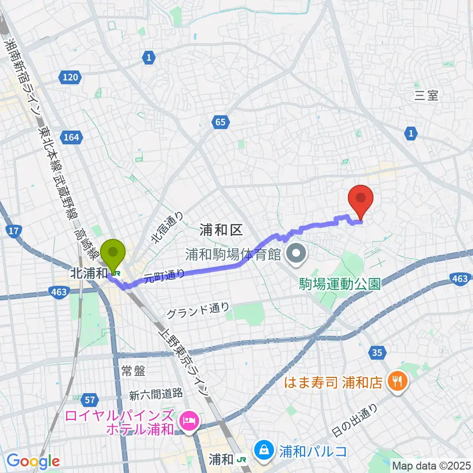 ジャズピアノ教室Side by Sideの最寄駅北浦和駅からの徒歩ルート（約33分）地図