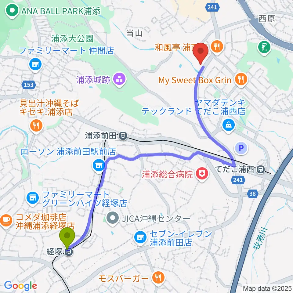 経塚駅からhinata-pianoへのルートマップ地図