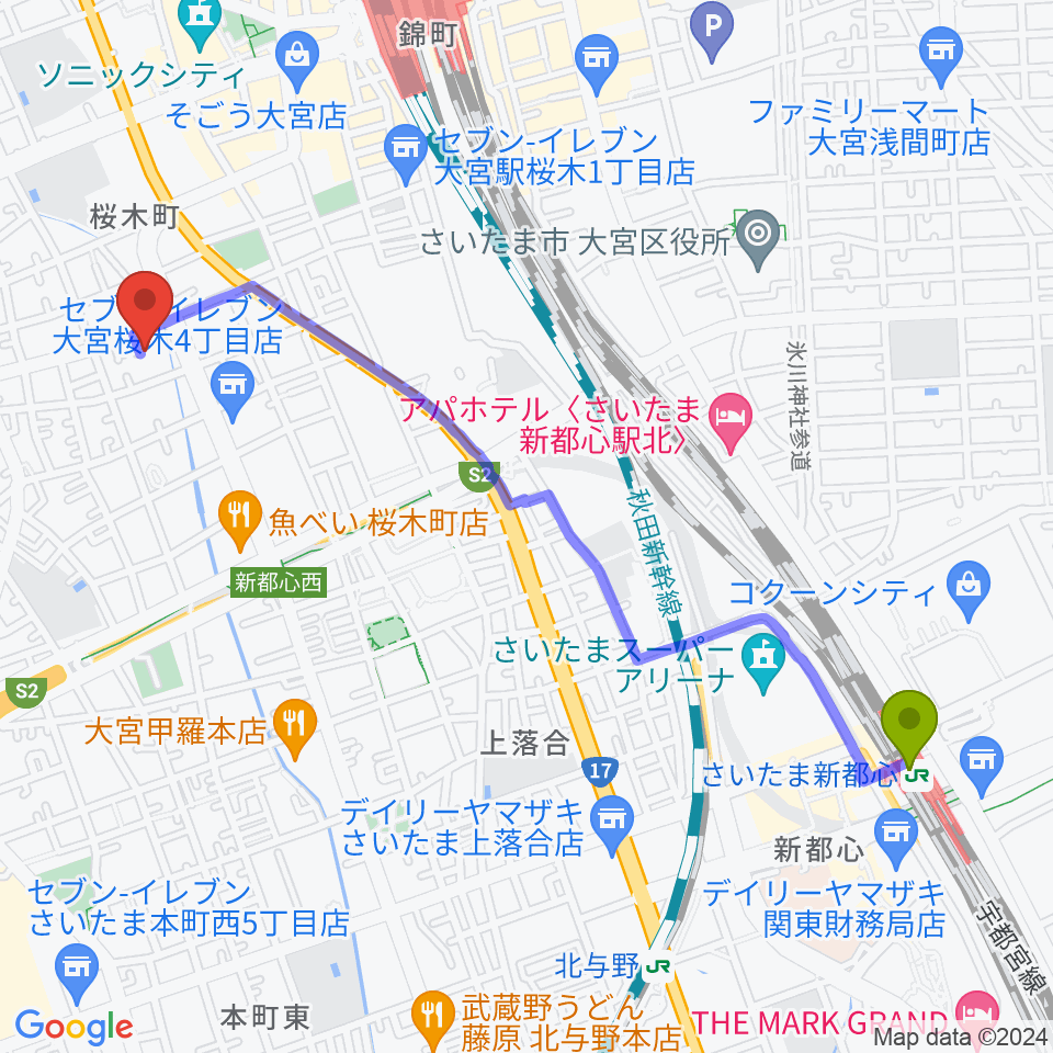 さいたま新都心駅からモーゼ音楽スクールへのルートマップ地図