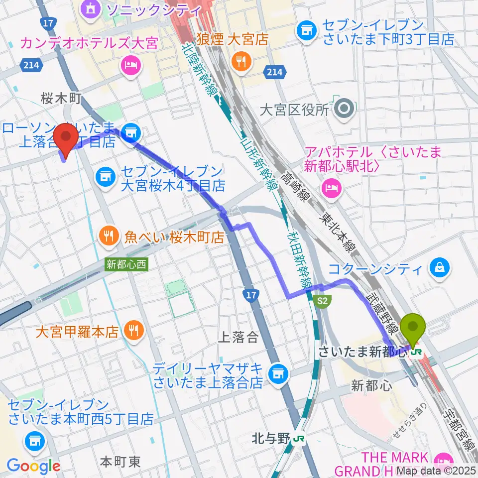 さいたま新都心駅からモーゼ音楽スクールへのルートマップ地図