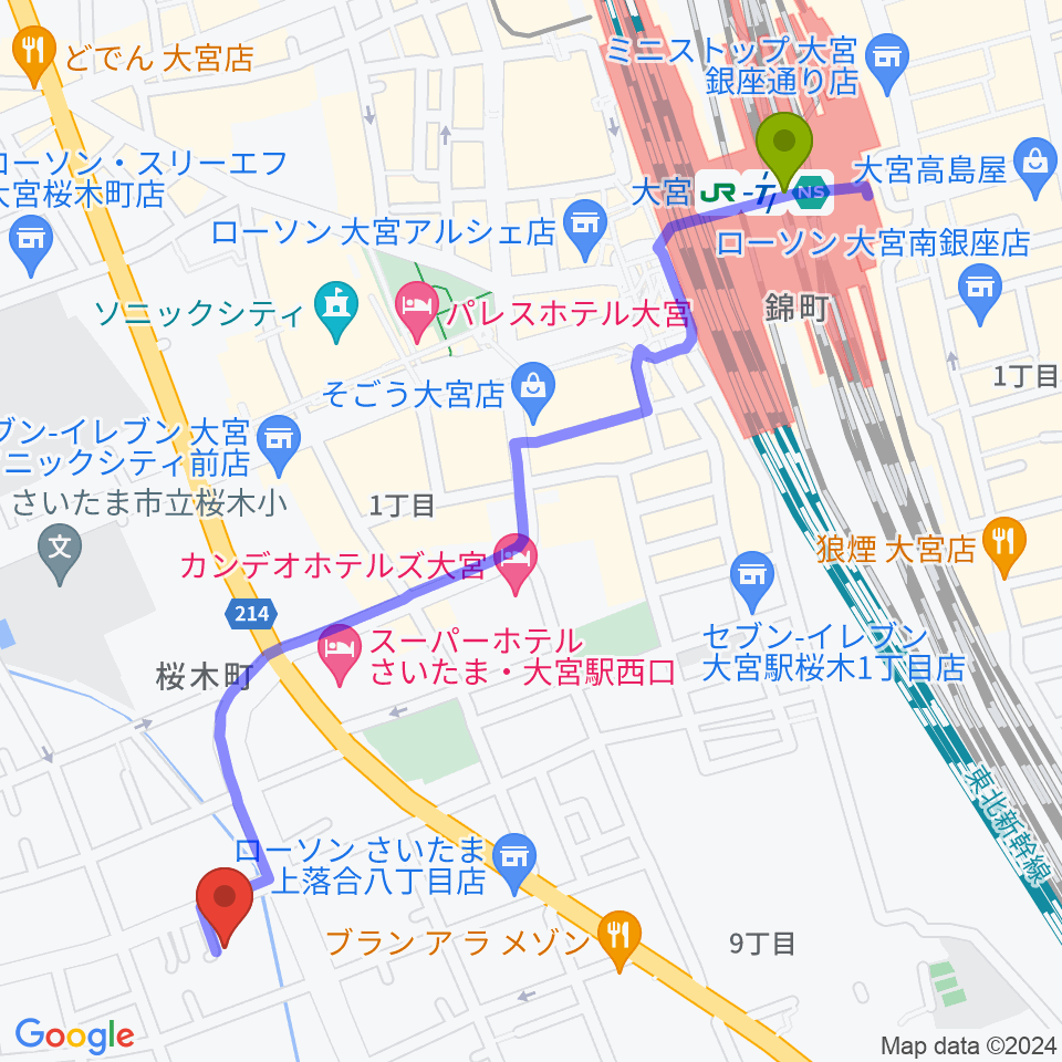 モーゼ音楽スクールの最寄駅大宮駅からの徒歩ルート（約14分）地図