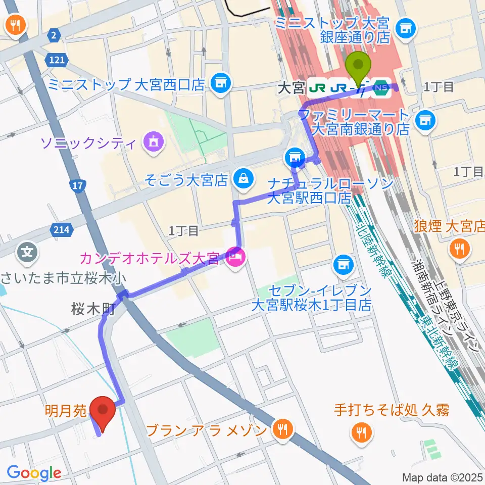 モーゼ音楽スクールの最寄駅大宮駅からの徒歩ルート（約14分）地図