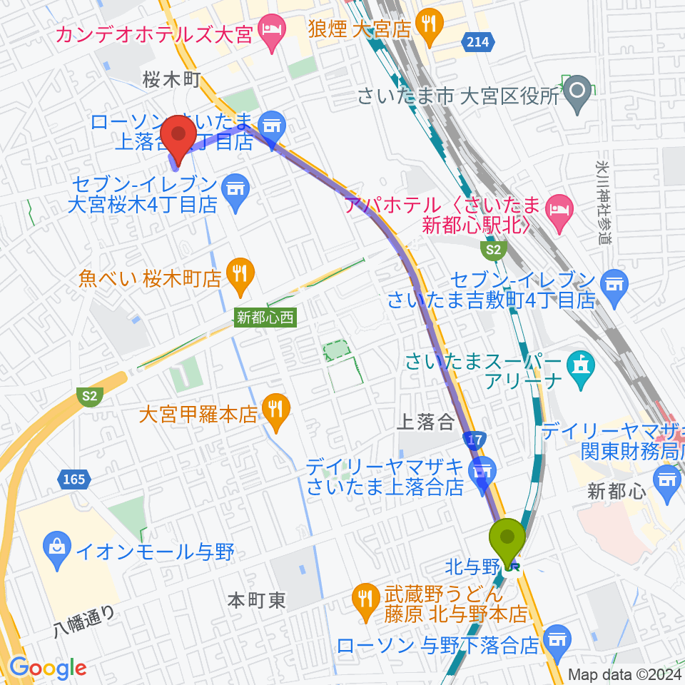 北与野駅からモーゼ音楽スクールへのルートマップ地図