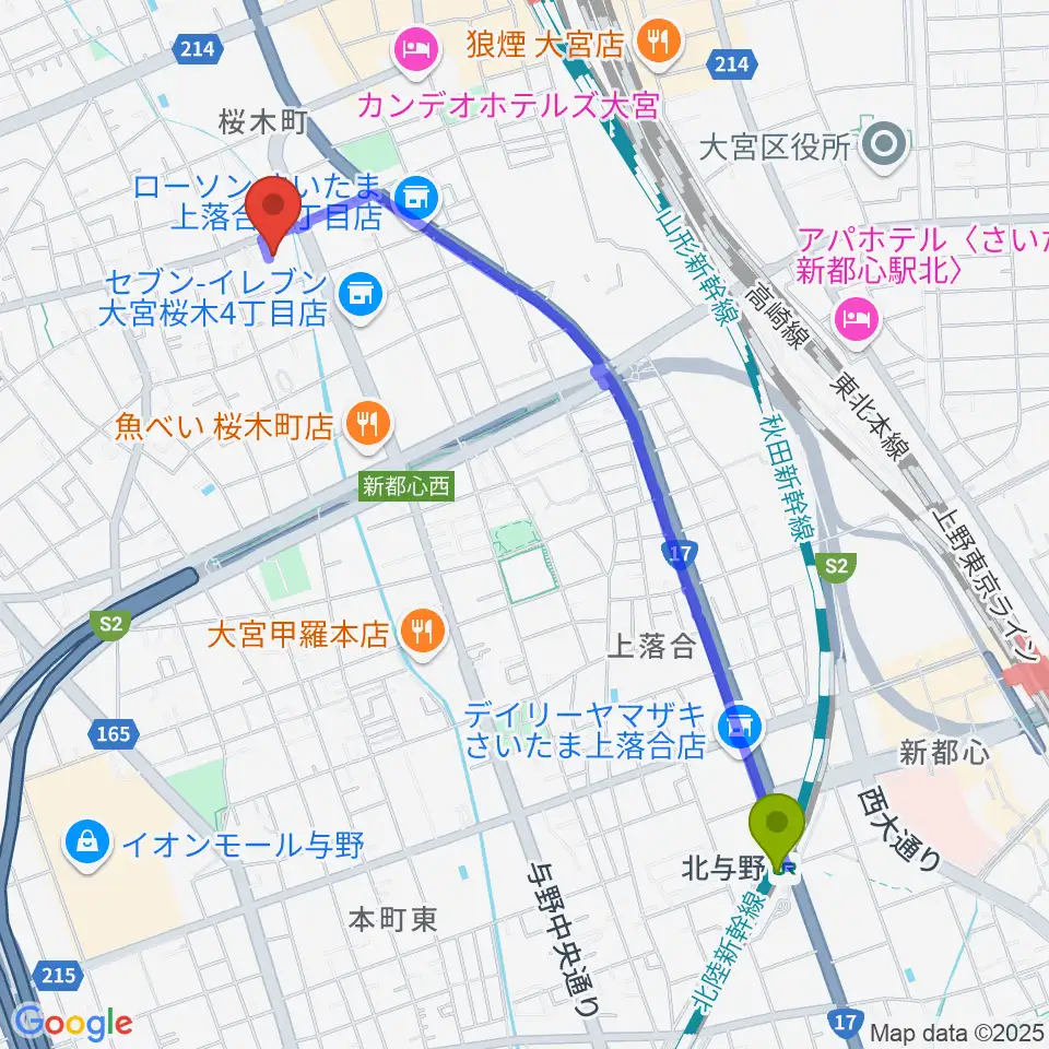 北与野駅からモーゼ音楽スクールへのルートマップ地図
