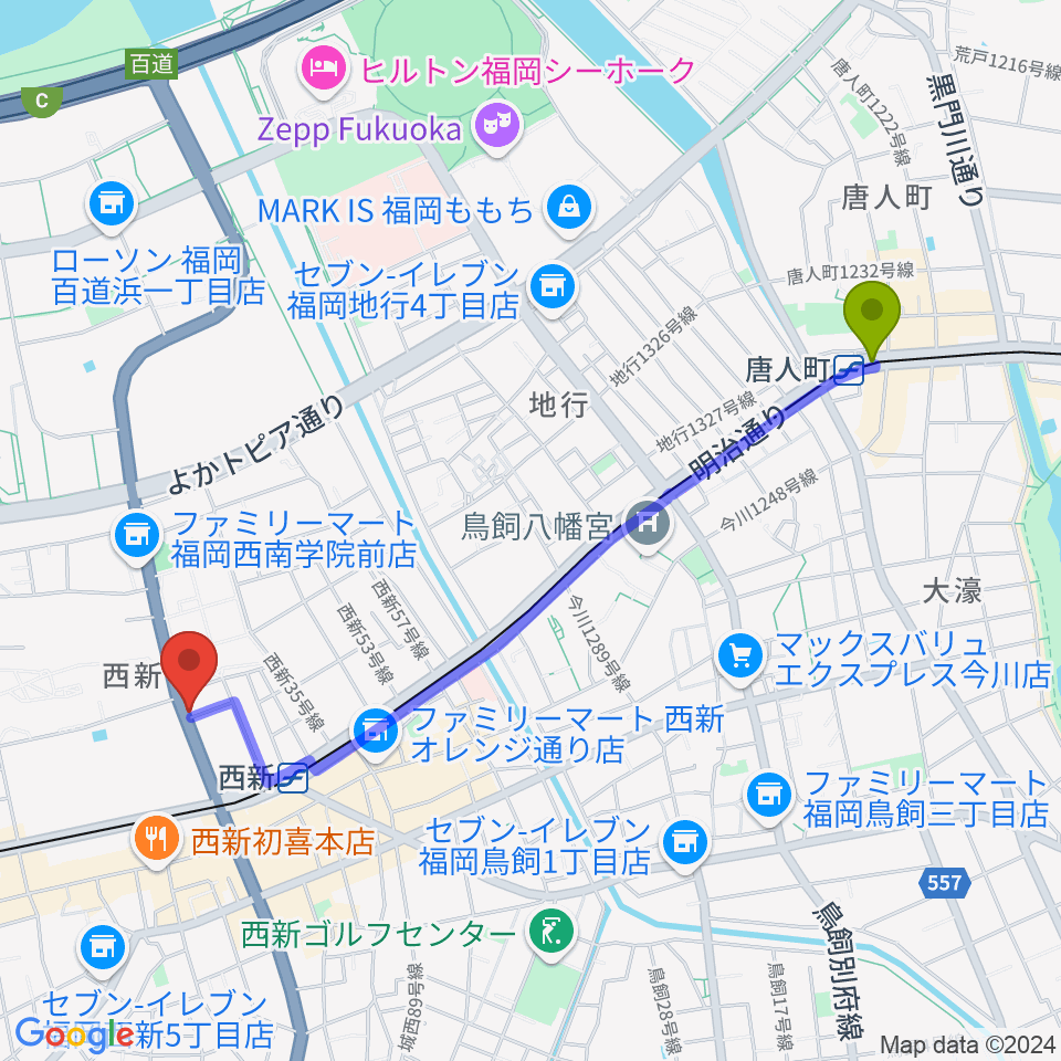 唐人町駅から音楽教室ソウルミーティングへのルートマップ地図