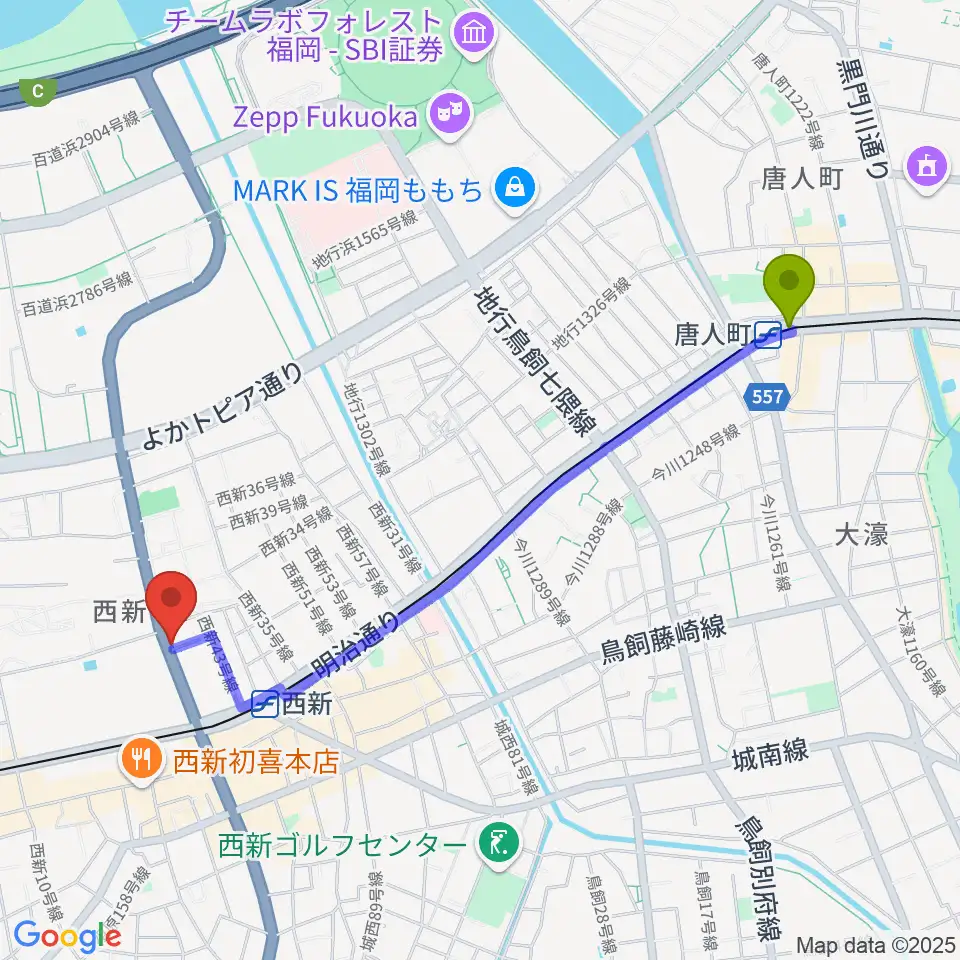 唐人町駅から音楽教室ソウルミーティングへのルートマップ地図