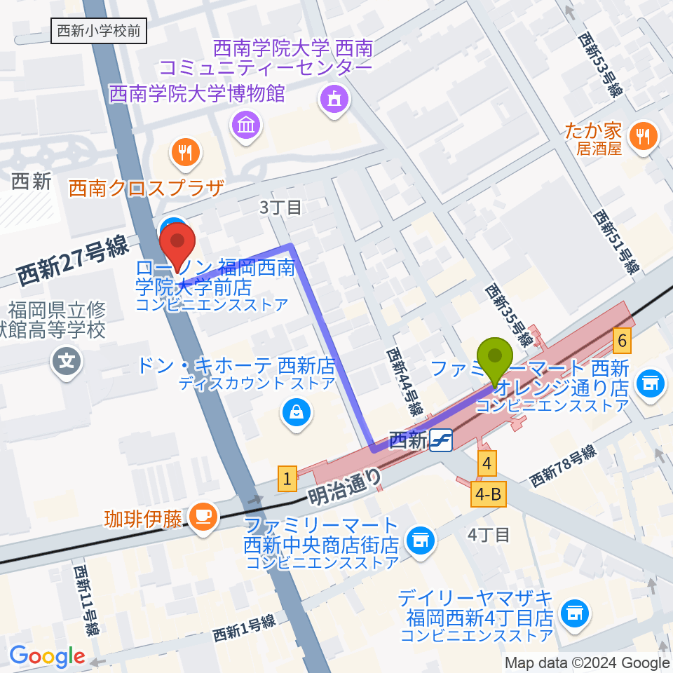 音楽教室ソウルミーティングの最寄駅西新駅からの徒歩ルート（約4分）地図