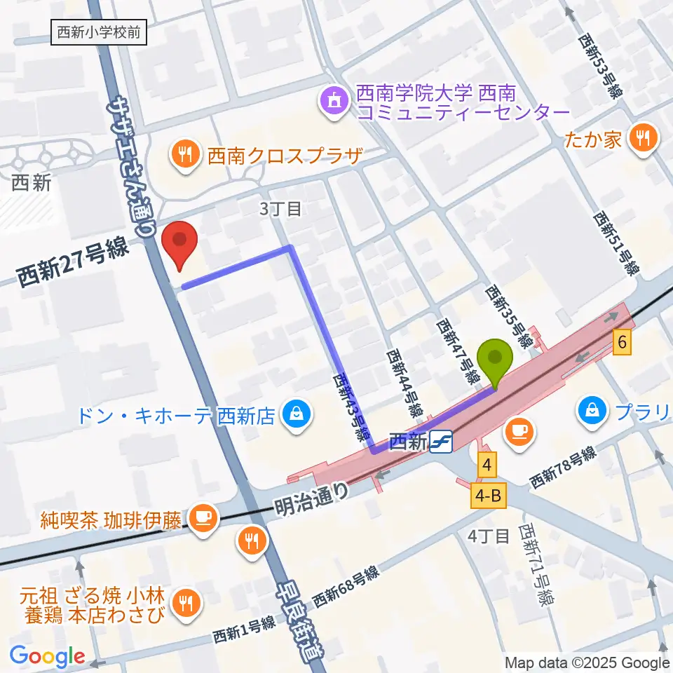 ソウルミーティングの最寄駅西新駅からの徒歩ルート（約4分）地図