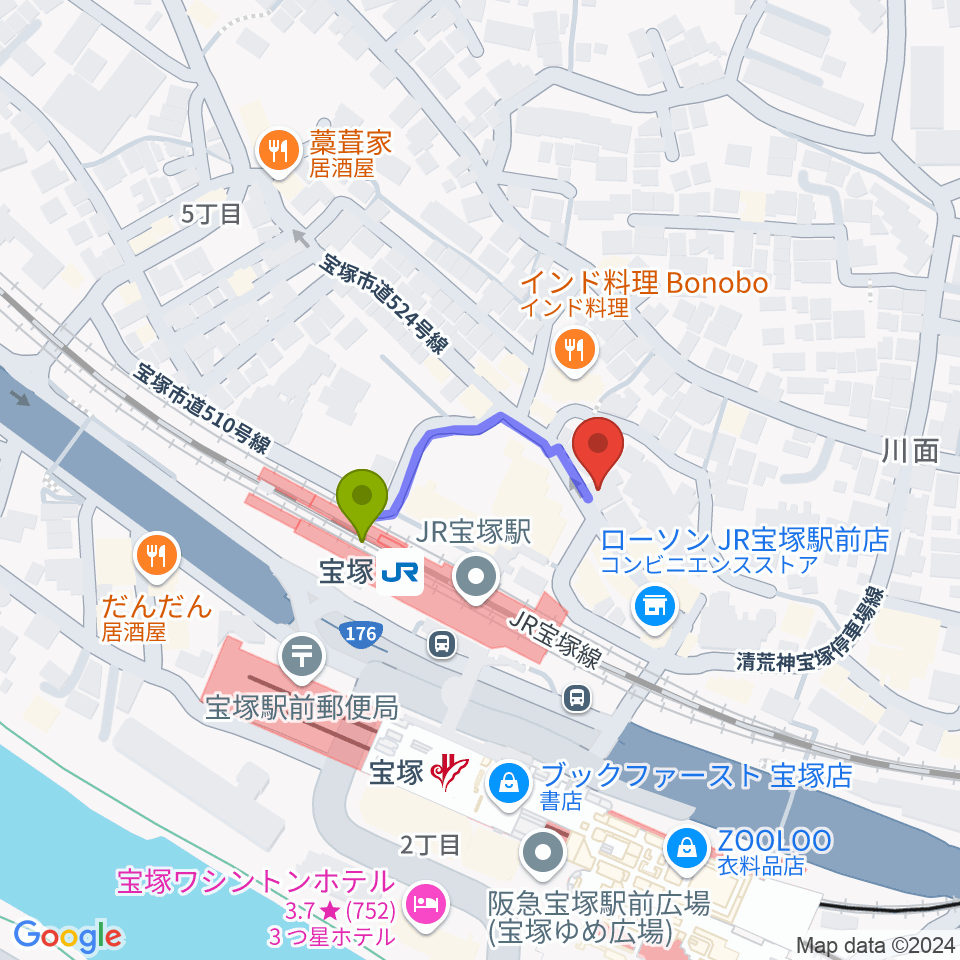 宝塚ミュージックリサーチの最寄駅宝塚駅からの徒歩ルート（約2分）地図