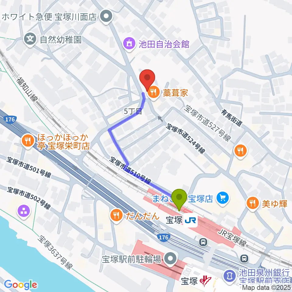 宝塚ミュージックリサーチの最寄駅宝塚駅からの徒歩ルート（約3分）地図