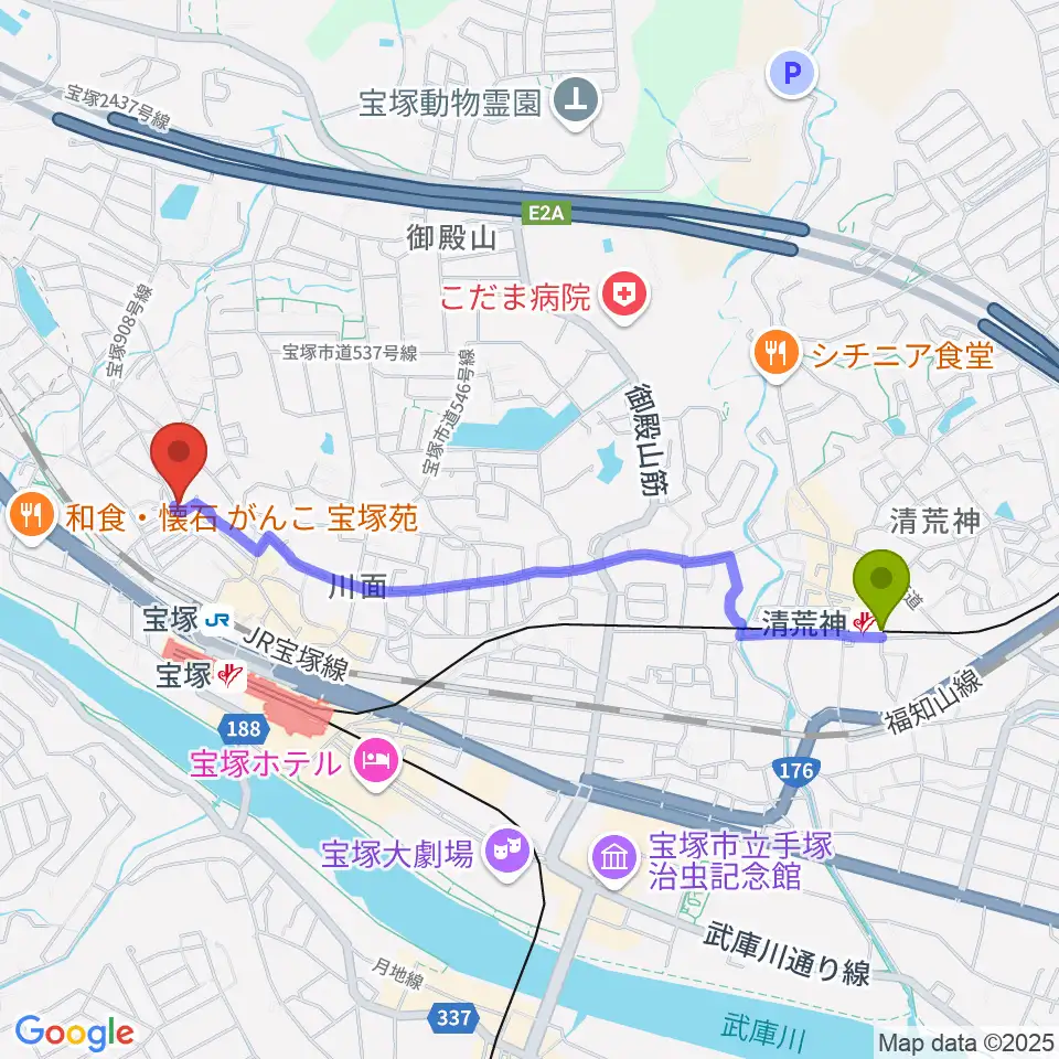清荒神駅から宝塚ミュージックリサーチへのルートマップ地図