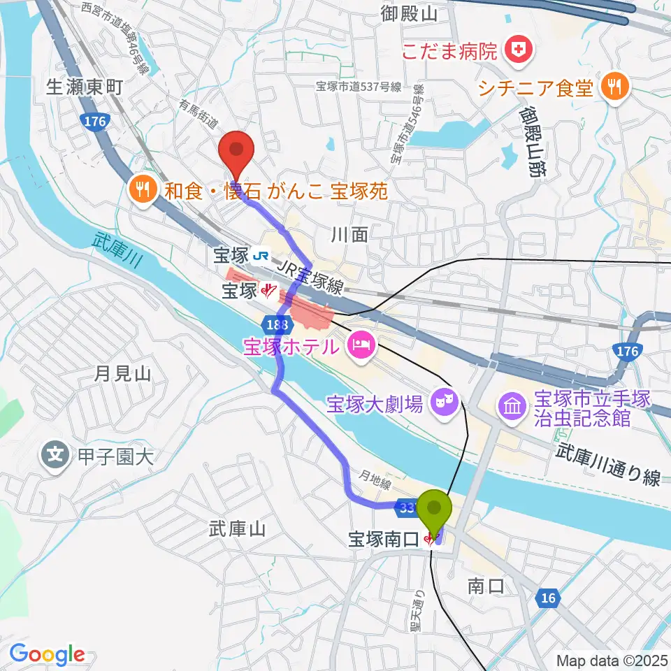 宝塚南口駅から宝塚ミュージックリサーチへのルートマップ地図