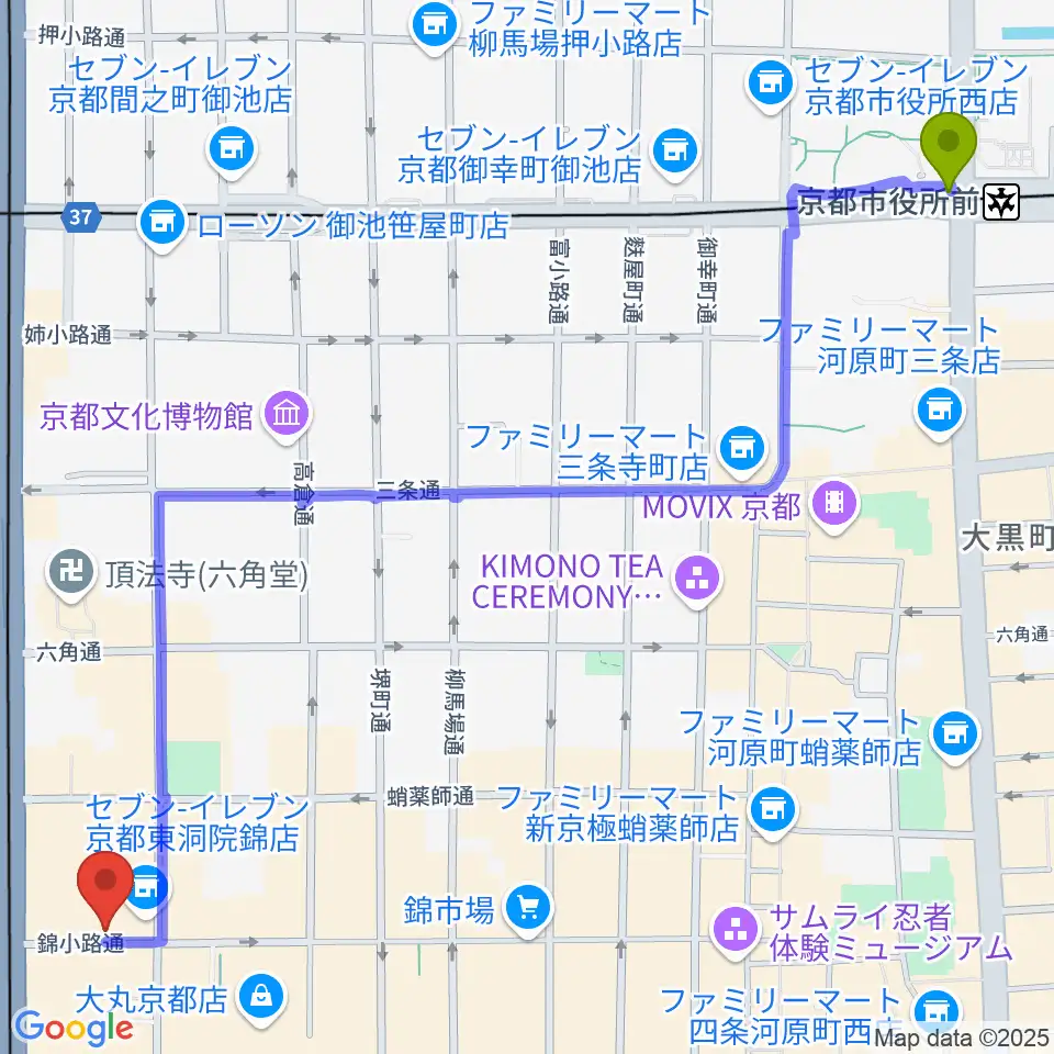 京都市役所前駅からVoice Lab.へのルートマップ地図