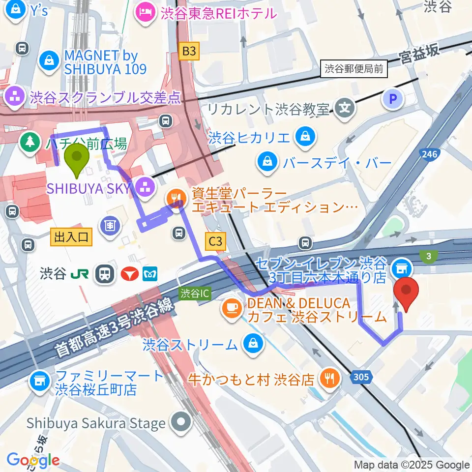 ニューベリーサウンドの最寄駅渋谷駅からの徒歩ルート（約6分）地図