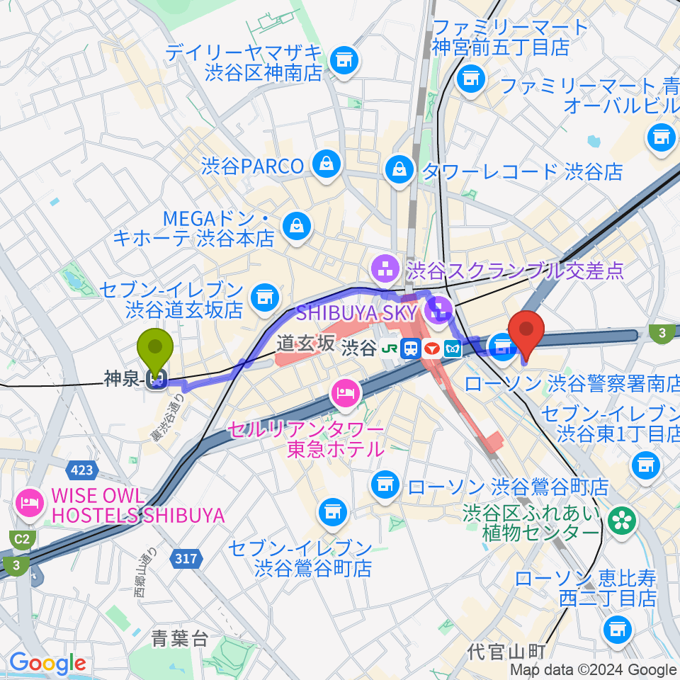 神泉駅からニューベリーサウンドへのルートマップ地図