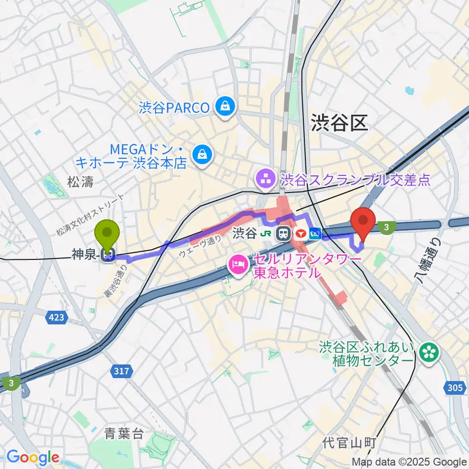 神泉駅からニューベリーサウンドへのルートマップ地図