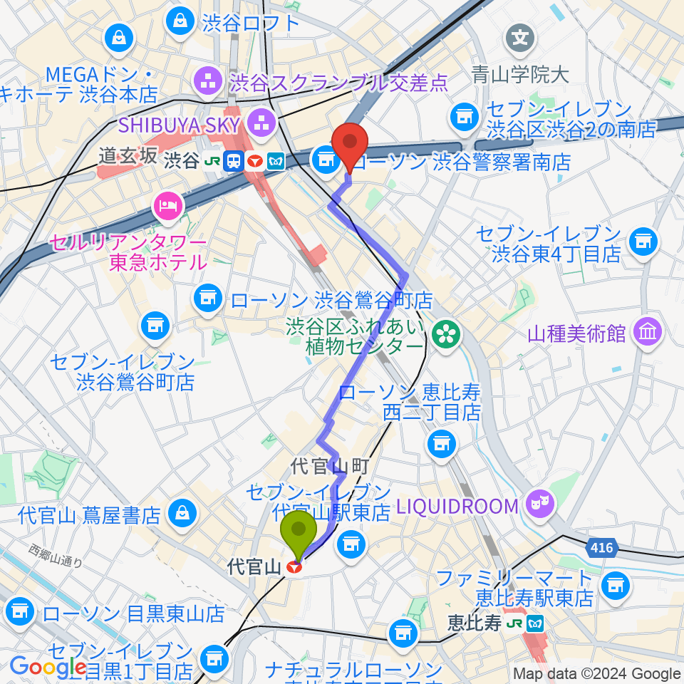 代官山駅からニューベリーサウンドへのルートマップ地図