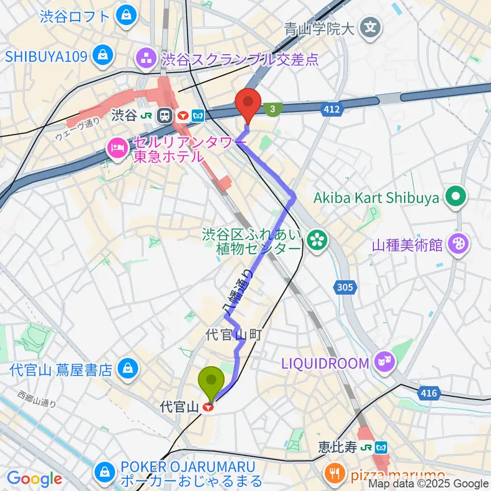 代官山駅からニューベリーサウンドへのルートマップ地図