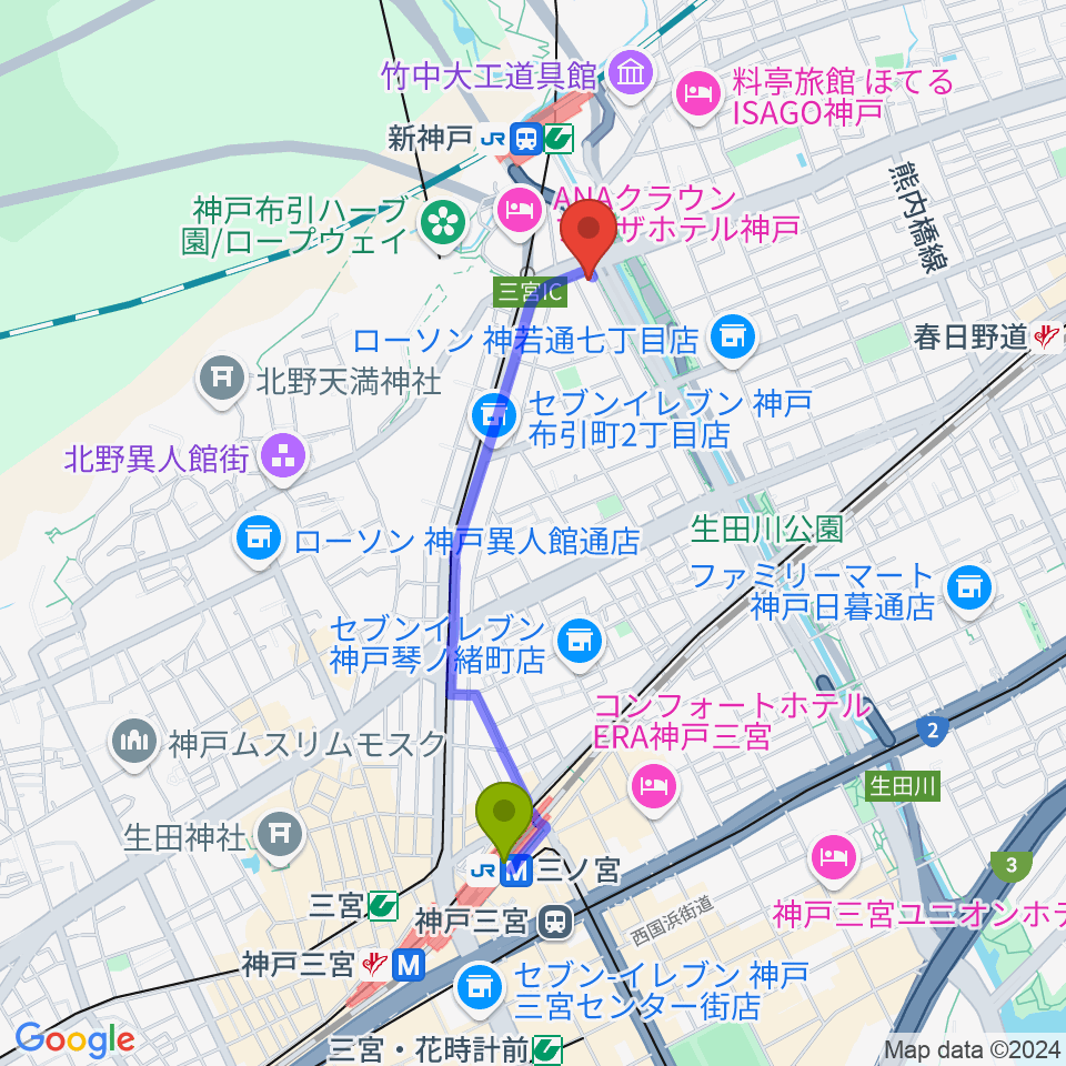 三ノ宮駅から山下ピアノ社音楽教室へのルートマップ地図