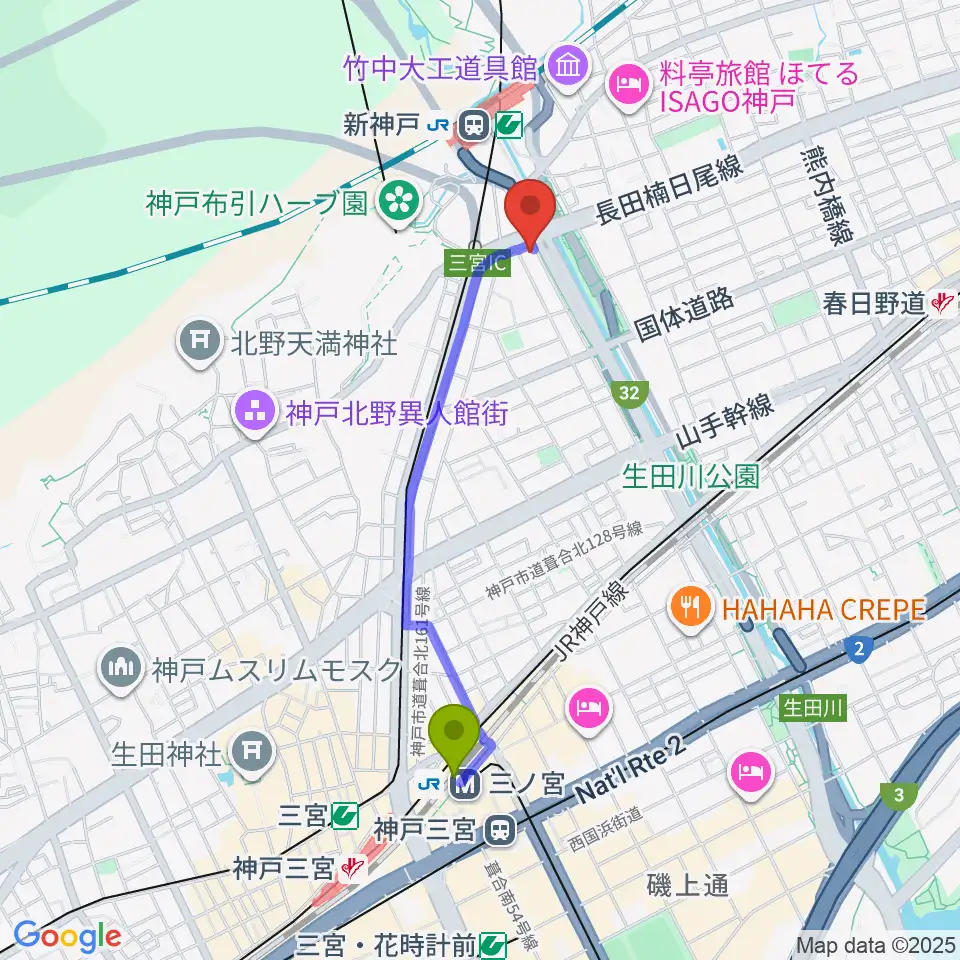 三ノ宮駅から山下ピアノ社音楽教室へのルートマップ地図