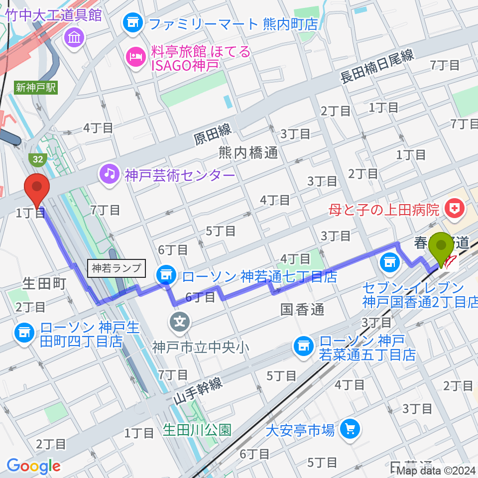 春日野道駅から山下ピアノ社音楽教室へのルートマップ地図