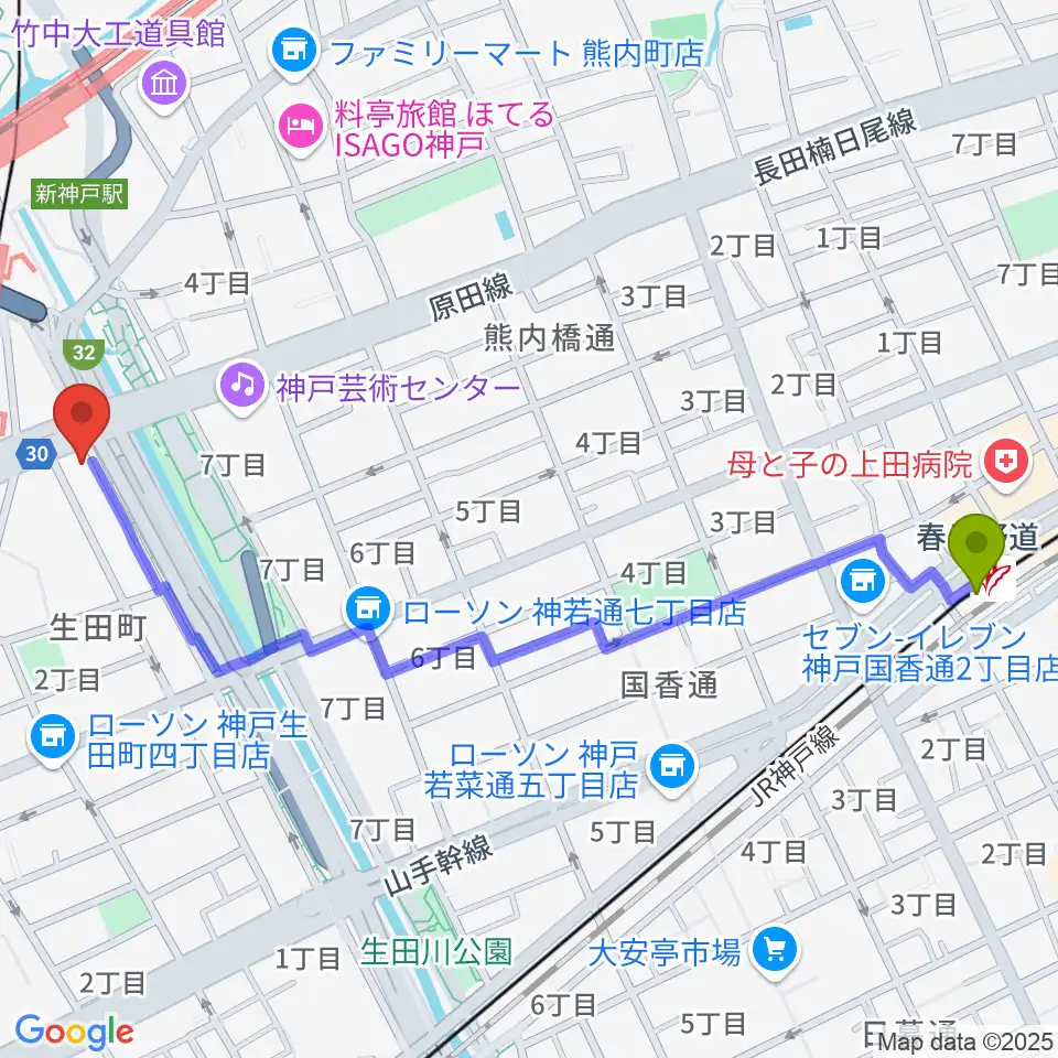 春日野道駅から山下ピアノ社音楽教室へのルートマップ地図