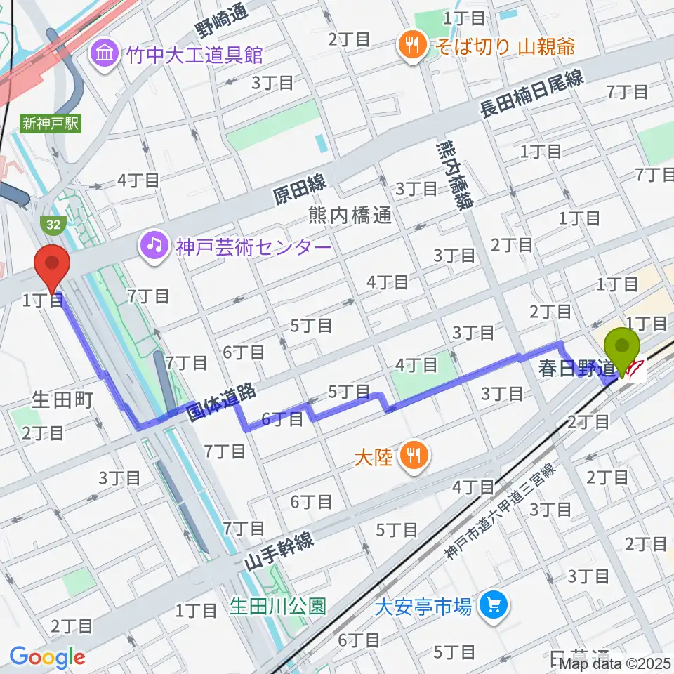 春日野道駅から山下ピアノ社音楽教室へのルートマップ地図
