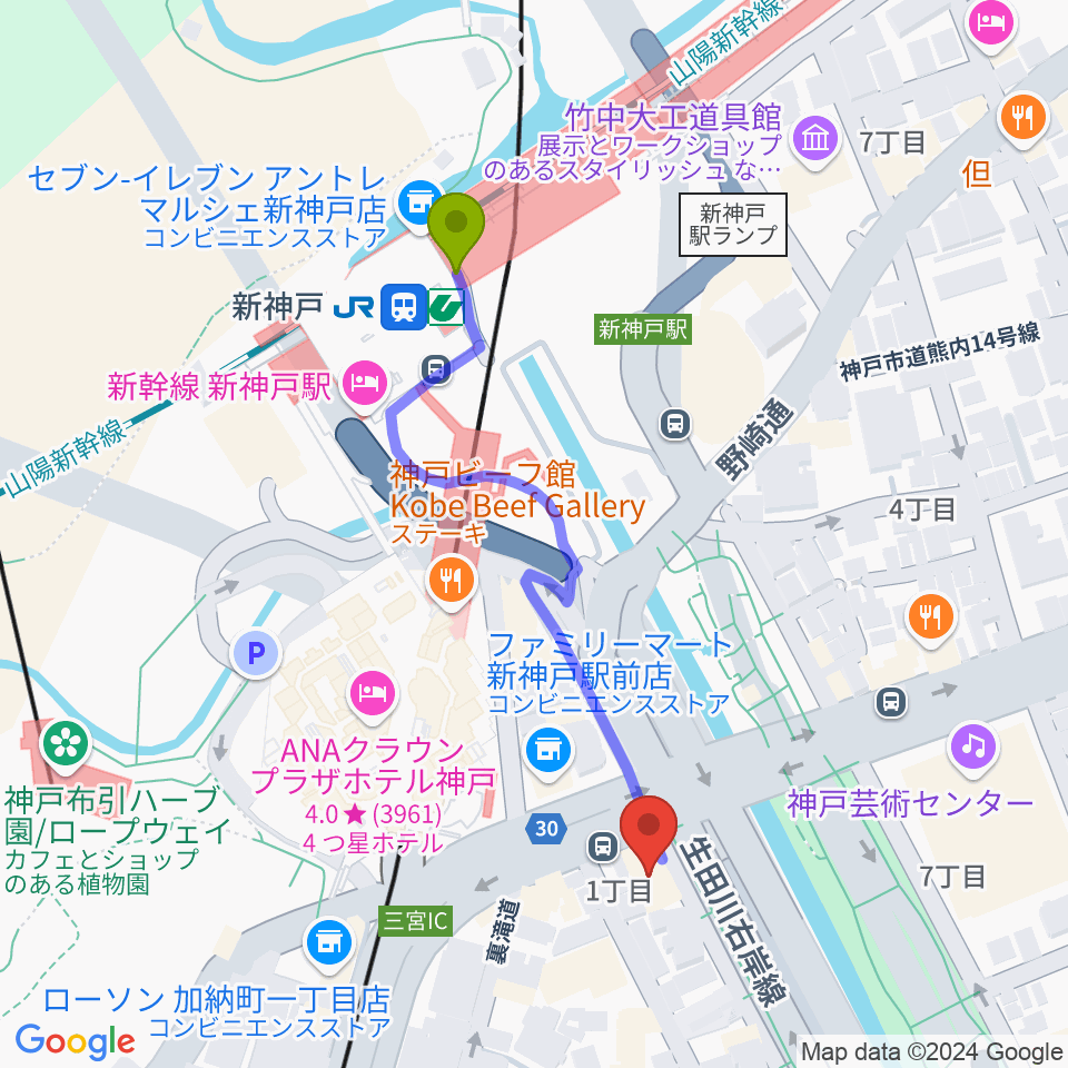 山下ピアノ社音楽教室の最寄駅新神戸駅からの徒歩ルート（約5分）地図