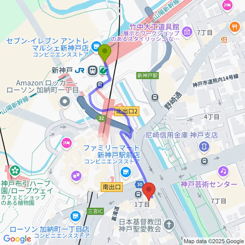 山下ピアノ社音楽教室の最寄駅新神戸駅からの徒歩ルート（約5分）地図