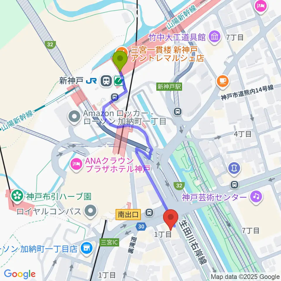 山下ピアノ社音楽教室の最寄駅新神戸駅からの徒歩ルート（約5分）地図