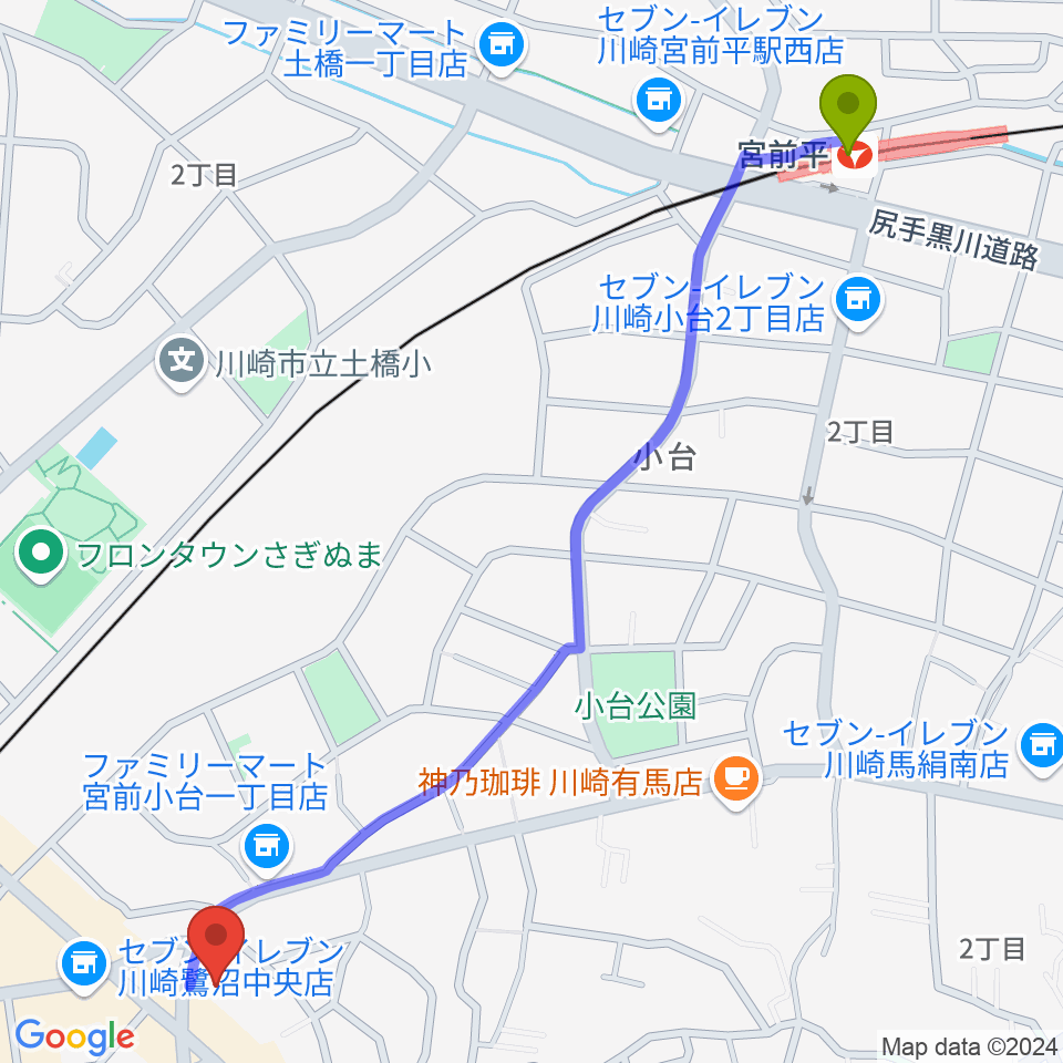 宮前平駅からフルート教室ファルベへのルートマップ地図