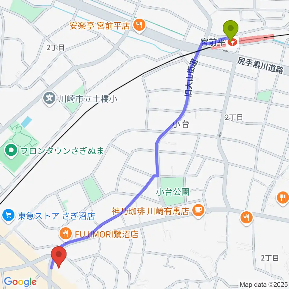 宮前平駅からフルート教室ファルベへのルートマップ地図