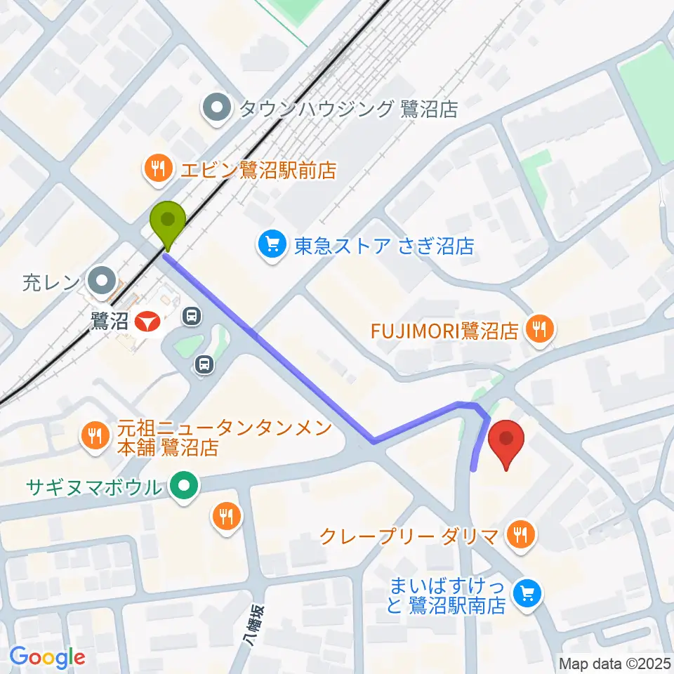 フルート教室ファルベの最寄駅鷺沼駅からの徒歩ルート（約5分）地図