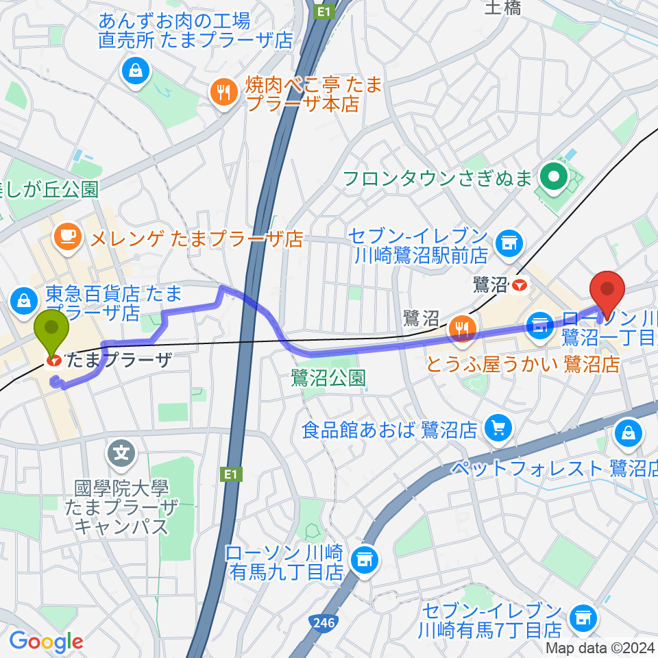 たまプラーザ駅からフルート教室ファルベへのルートマップ地図