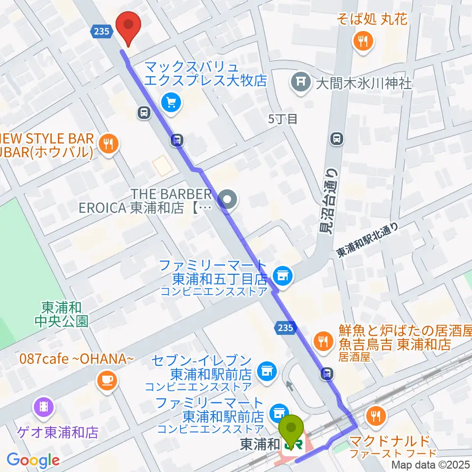 音楽教室Tutti Music東浦和教室の最寄駅東浦和駅からの徒歩ルート（約7分）地図