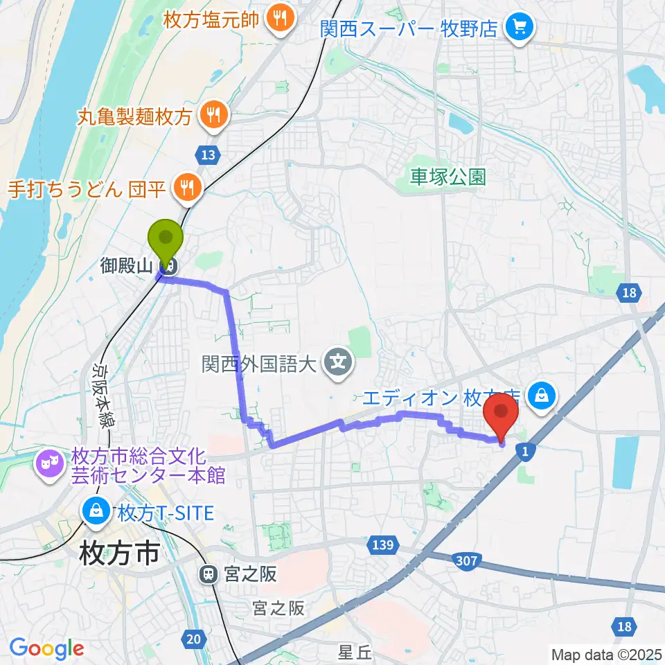 御殿山駅から安井音楽教室へのルートマップ地図