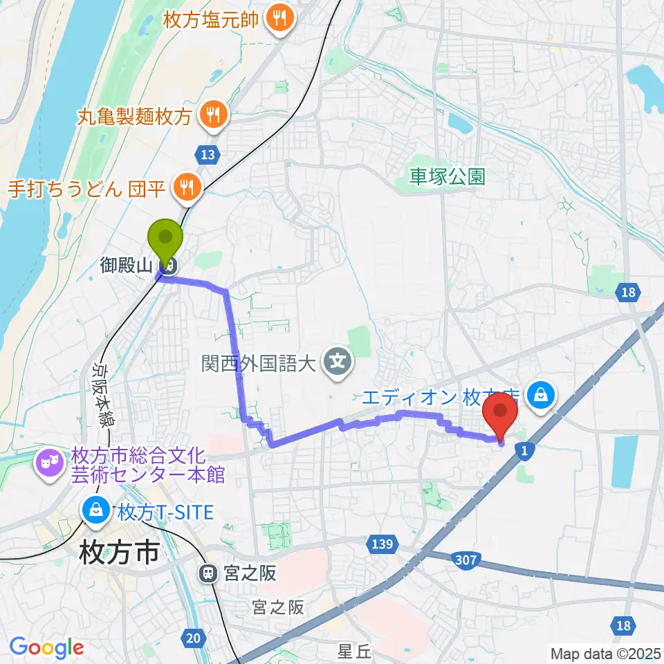 御殿山駅から安井音楽教室へのルートマップ地図