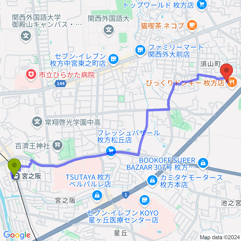 安井音楽教室の最寄駅宮之阪駅からの徒歩ルート（約30分）地図