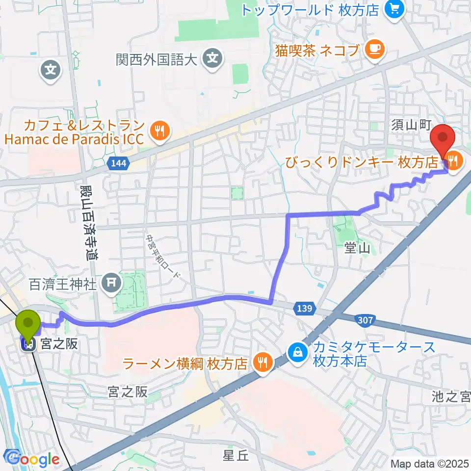 安井音楽教室の最寄駅宮之阪駅からの徒歩ルート（約30分）地図